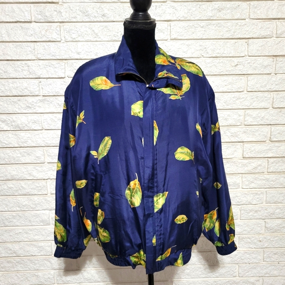 Fuda International Womens Bomber jacket Lg 100% silk Navy with leaves 80s  EUC